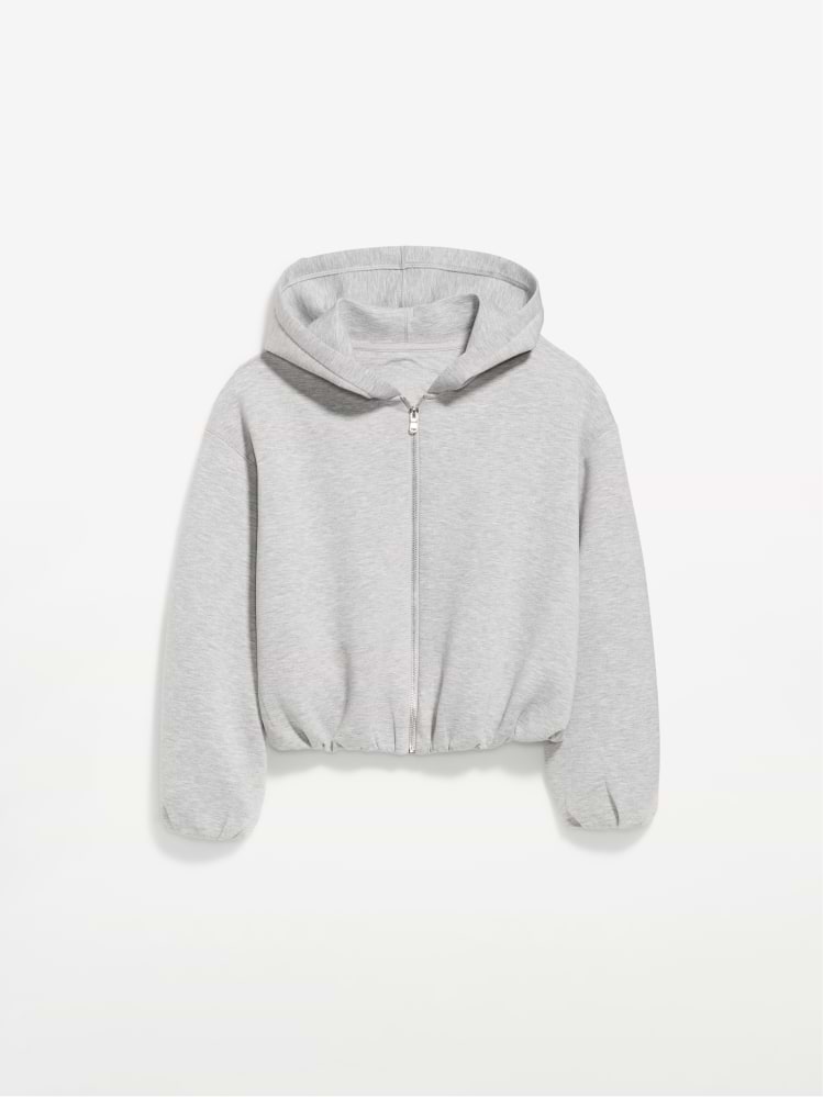 Light gray zip-up hoodie with hood, elastic hem, and cuffed sleeves on white background.