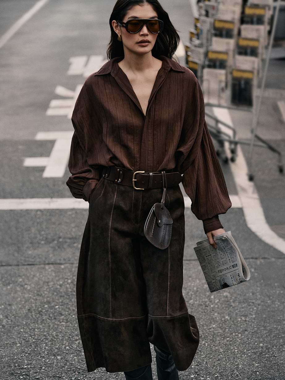 Person in an oversized brown blouse and wide-leg dark trousers, wearing sunglasses and a belt with a small pouch, walking on a street holding a folded newspaper.