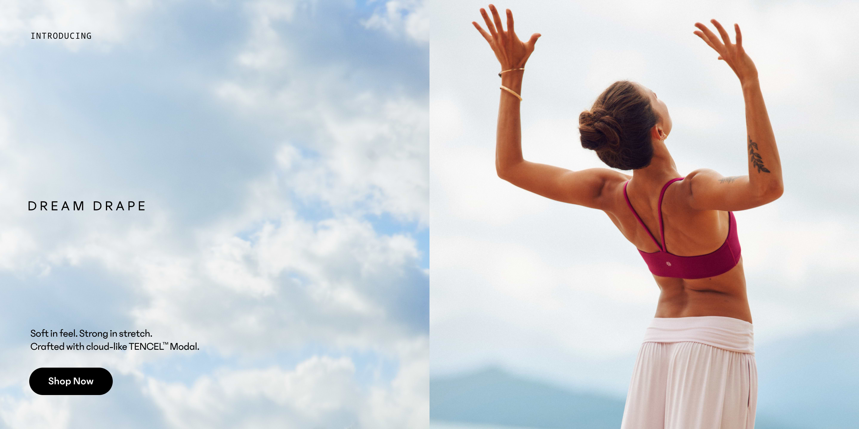 Person outdoors raising arms in a magenta sports bra and white skirt against a cloudy sky; text reads “Dream Drape.”