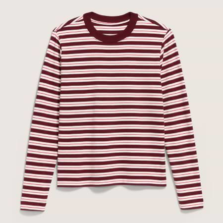 Long-sleeve crewneck shirt with maroon and white horizontal stripes.