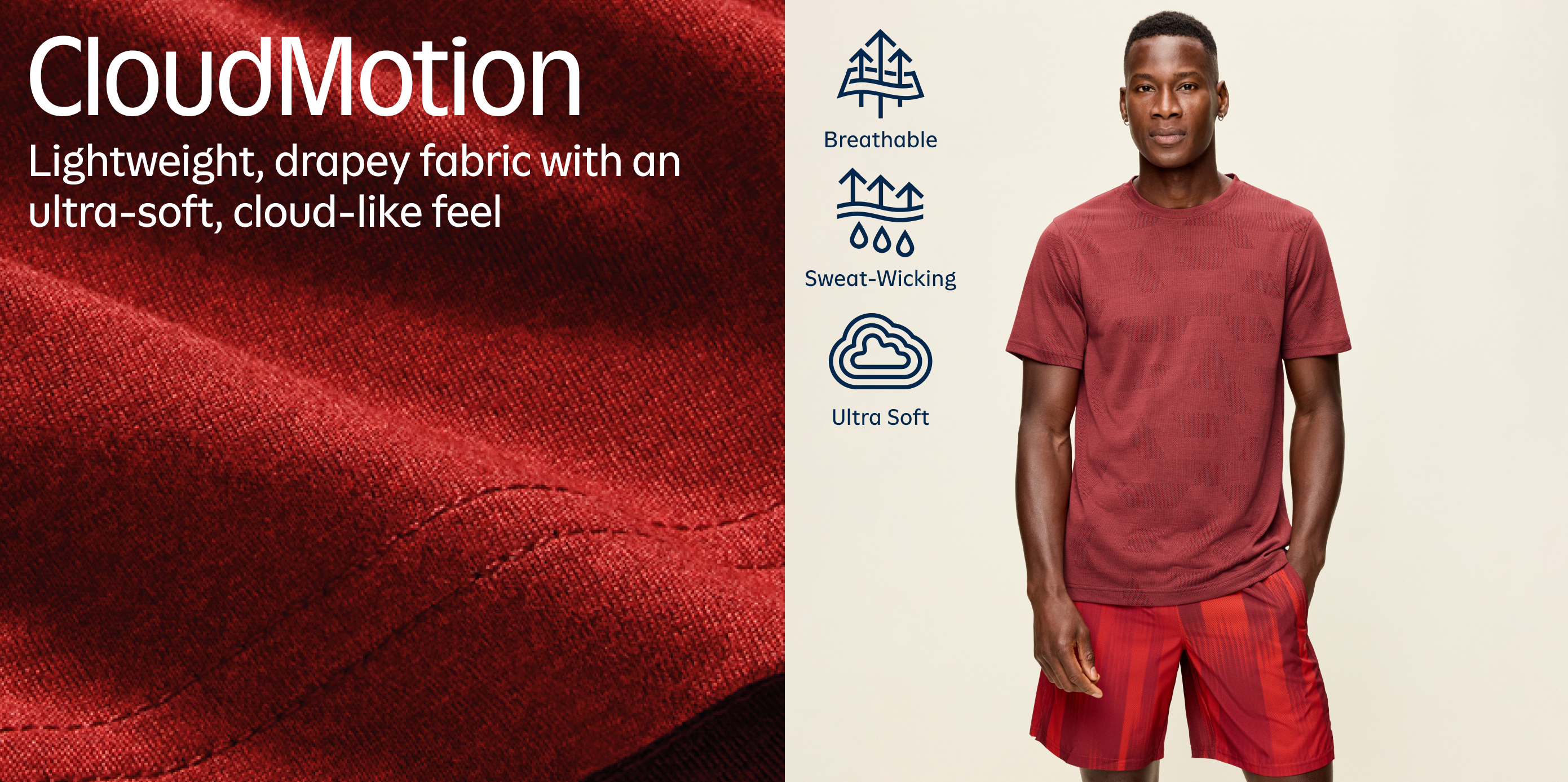 Ad for CloudMotion fabric: close-up of red textured fabric and a model in a red T-shirt and shorts; text highlights lightweight, drapey, ultra-soft material that’s breathable and sweat‑wicking.