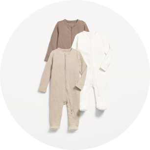 Three long-sleeve baby zip-up sleepers in brown, beige, and white.