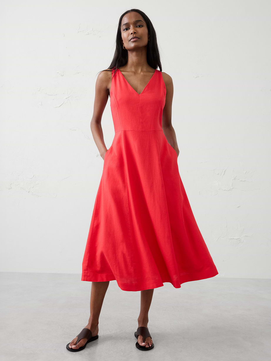 Woman in red dress.