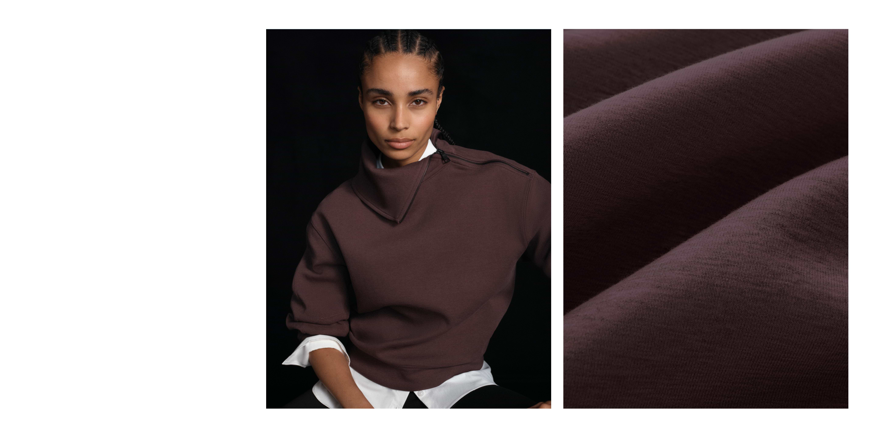 Person wearing a dark plum funnel-neck sweatshirt with zip detail over a white shirt; adjacent panel shows a close-up of the soft knit fabric.