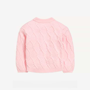 Light pink cable-knit sweater with diamond pattern, back view.