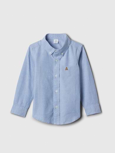 Light blue long-sleeve button-up shirt with a button-down collar and small embroidered chest logo.