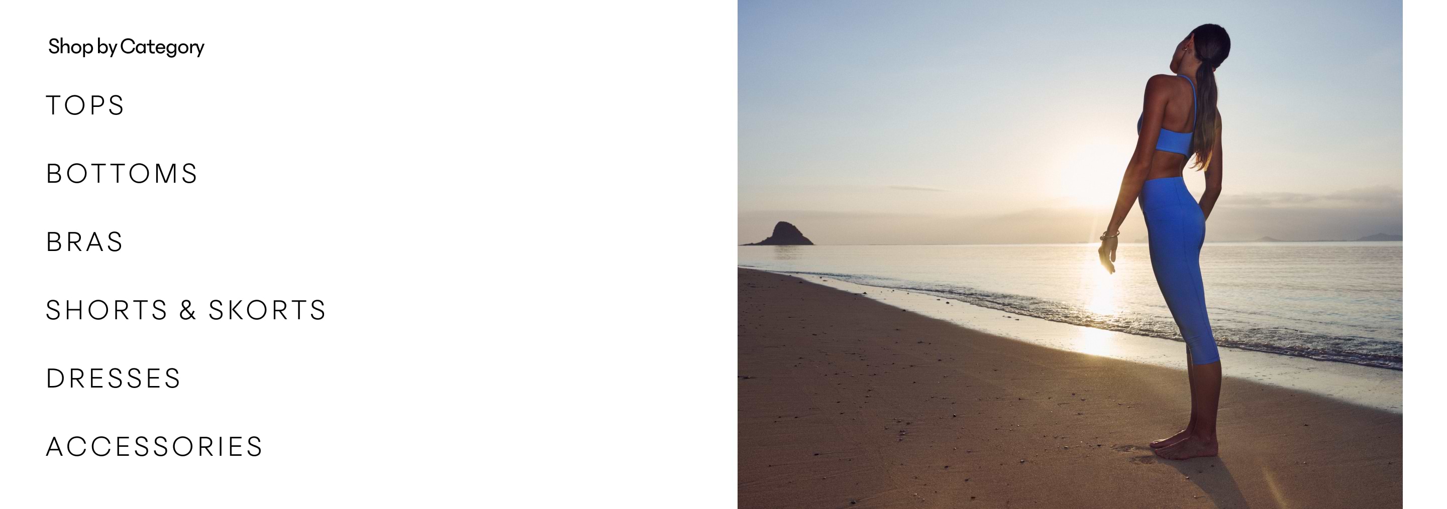 Sunrise beach scene with a person in blue activewear; left column reads “Shop by Category” with Tops, Bottoms, Bras, Shorts & Skorts, Dresses, Accessories.