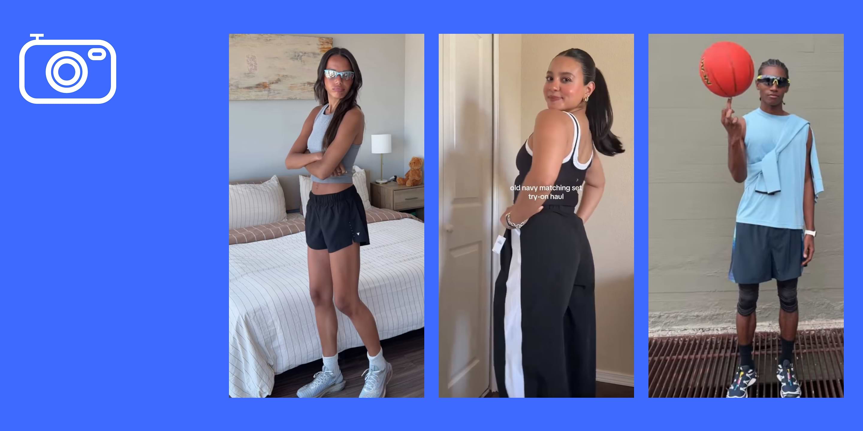 Three people model athletic wear: left in a bedroom wearing a gray tank and black shorts; center in a black‑and‑white set; right spins a red basketball.