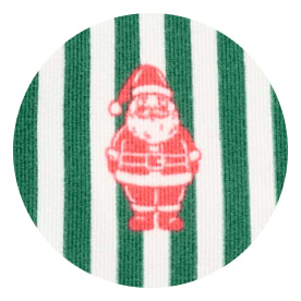 Pink Santa illustration on green-and-white striped fabric.