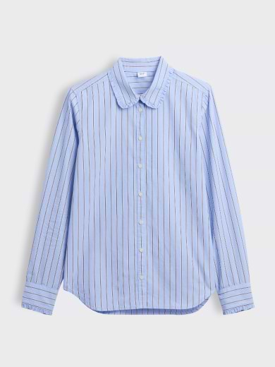 Light blue long-sleeve button-down shirt with vertical dark stripes and white buttons.