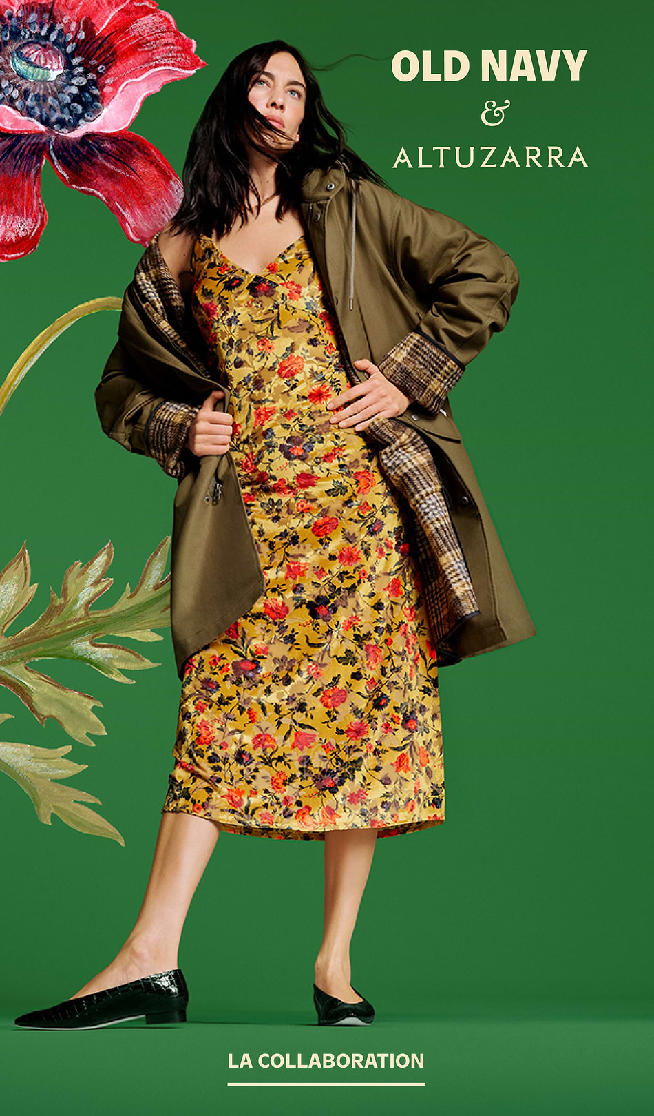 Smiling child in a pink floral ruffle dress and ballet flats holds an adult’s hand; text reads “Old Navy & Altuzarra – Shop the Collab.”