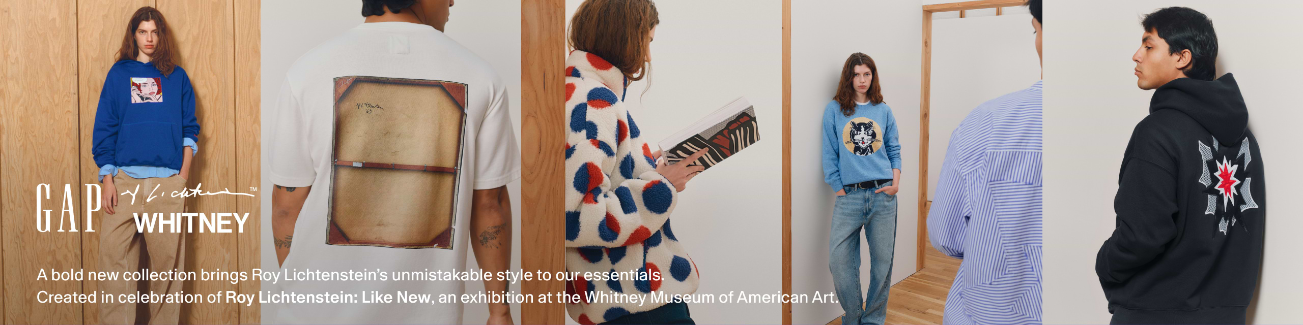 Gap x Whitney ad featuring several models in hoodies, sweaters, and a T‑shirt with Roy Lichtenstein–inspired pop‑art graphics, with text promoting the “Roy Lichtenstein: Like New” collection.
