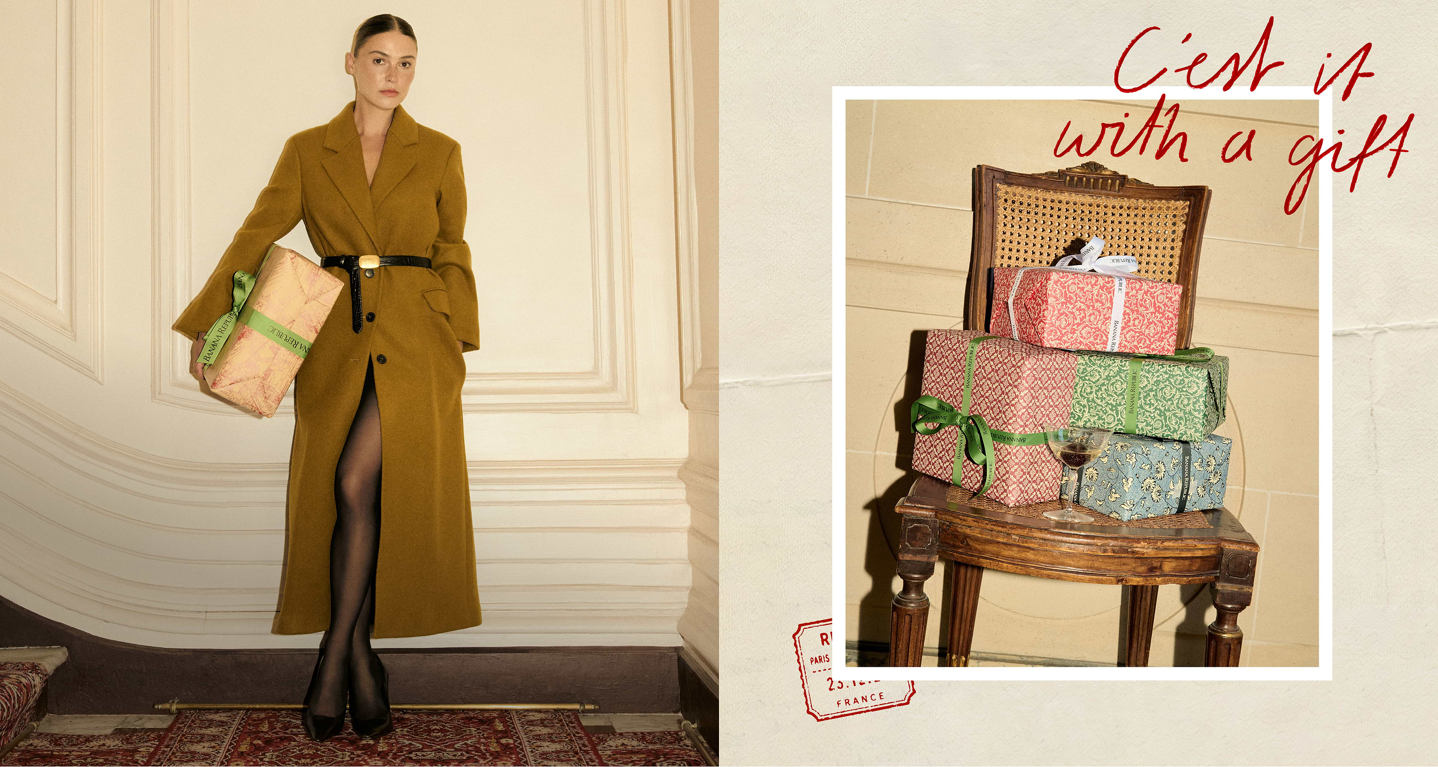 Person in a long mustard coat holding wrapped gifts; beside her, an inset shows a wooden chair stacked with patterned gift boxes and a wine glass, suggesting a festive scene.