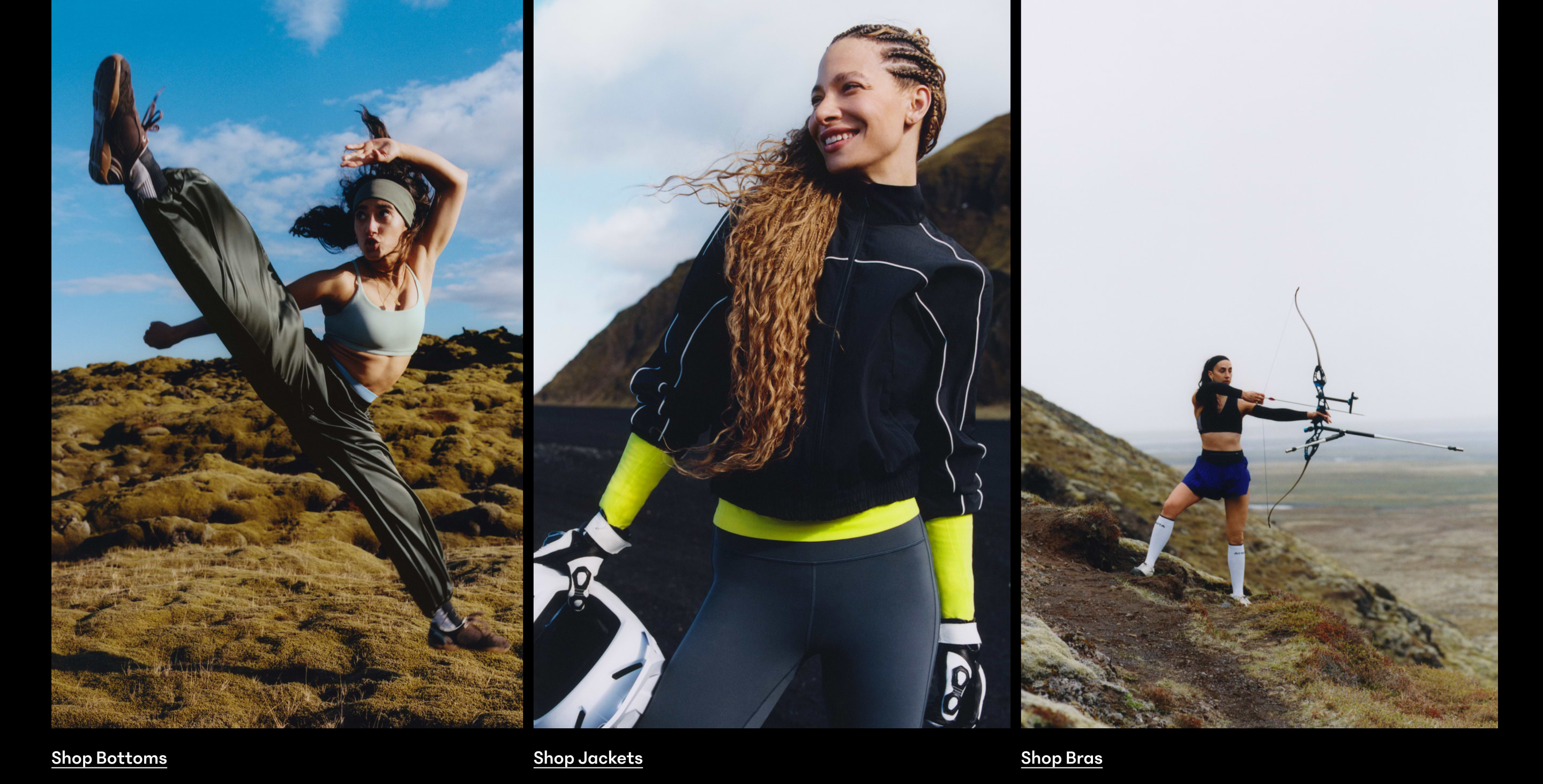 Three outdoor fitness scenes: left person high-kicks in athletic pants, center person smiles in a black jacket holding a helmet, right person draws a bow on a hillside.