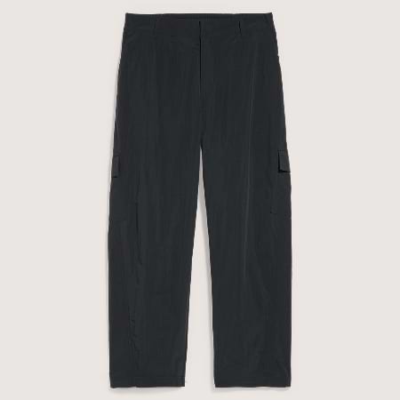 Black straight-leg cargo pants with flap side pockets, laid flat on a light background.