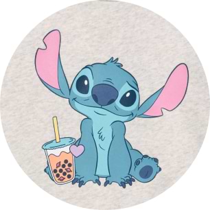 Stitch, the blue alien, sits smiling while holding a boba tea.