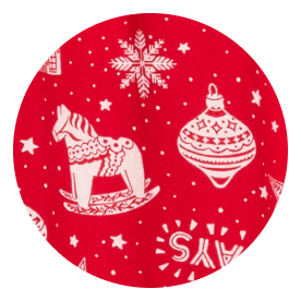 Red fabric with white holiday motifs: a rocking horse, snowflake, and ornament.