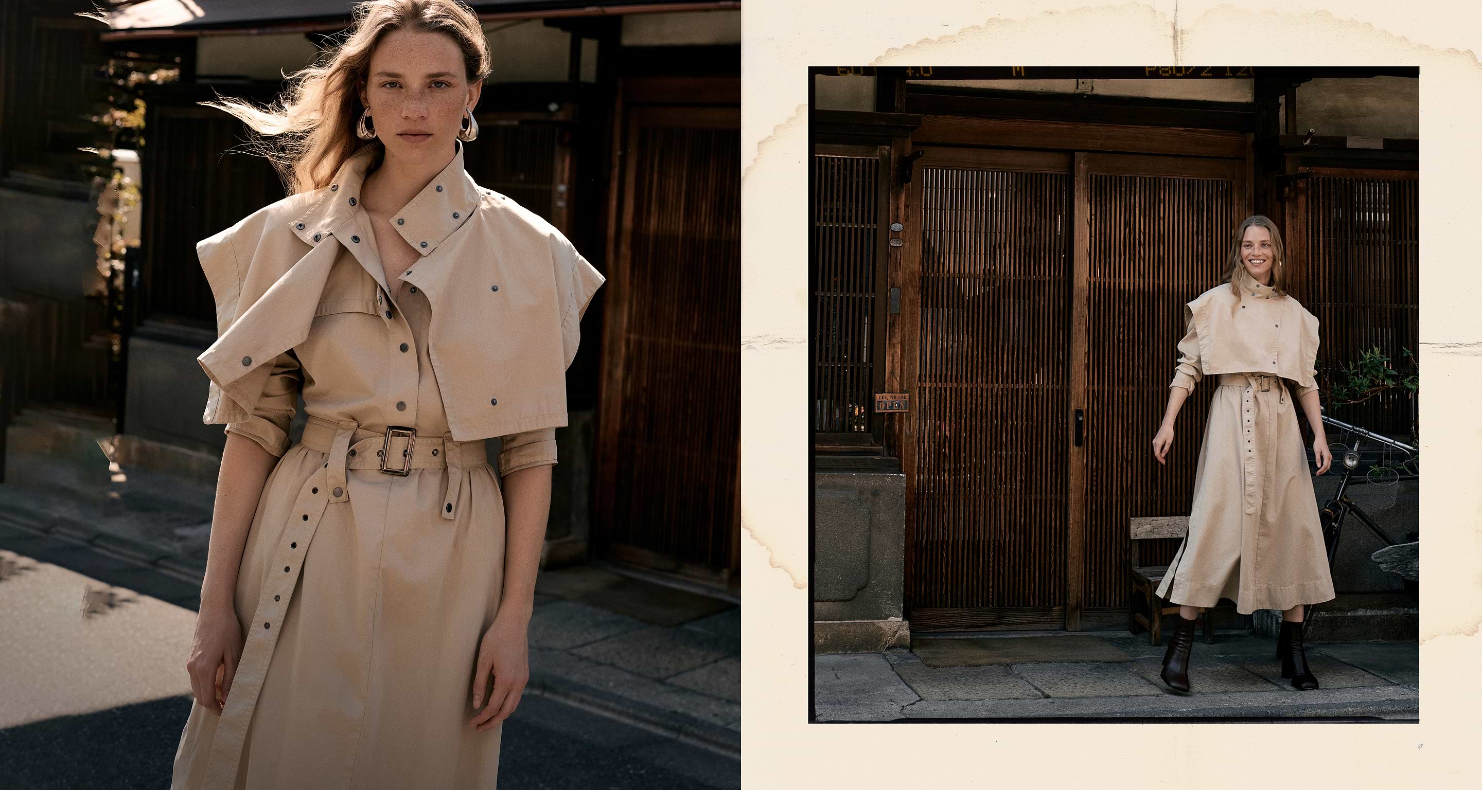 Two photos of a woman in a tan belted trench-style dress with a cape-like shoulder piece—close-up and full-length—standing by wooden slatted doors, hair blowing slightly.
