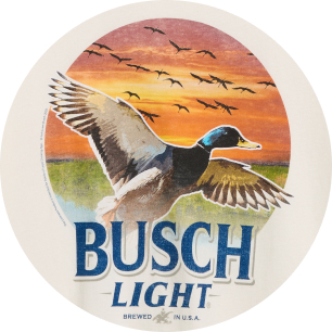 Busch Light logo featuring a flying mallard duck against a sunset sky with a flock of birds.