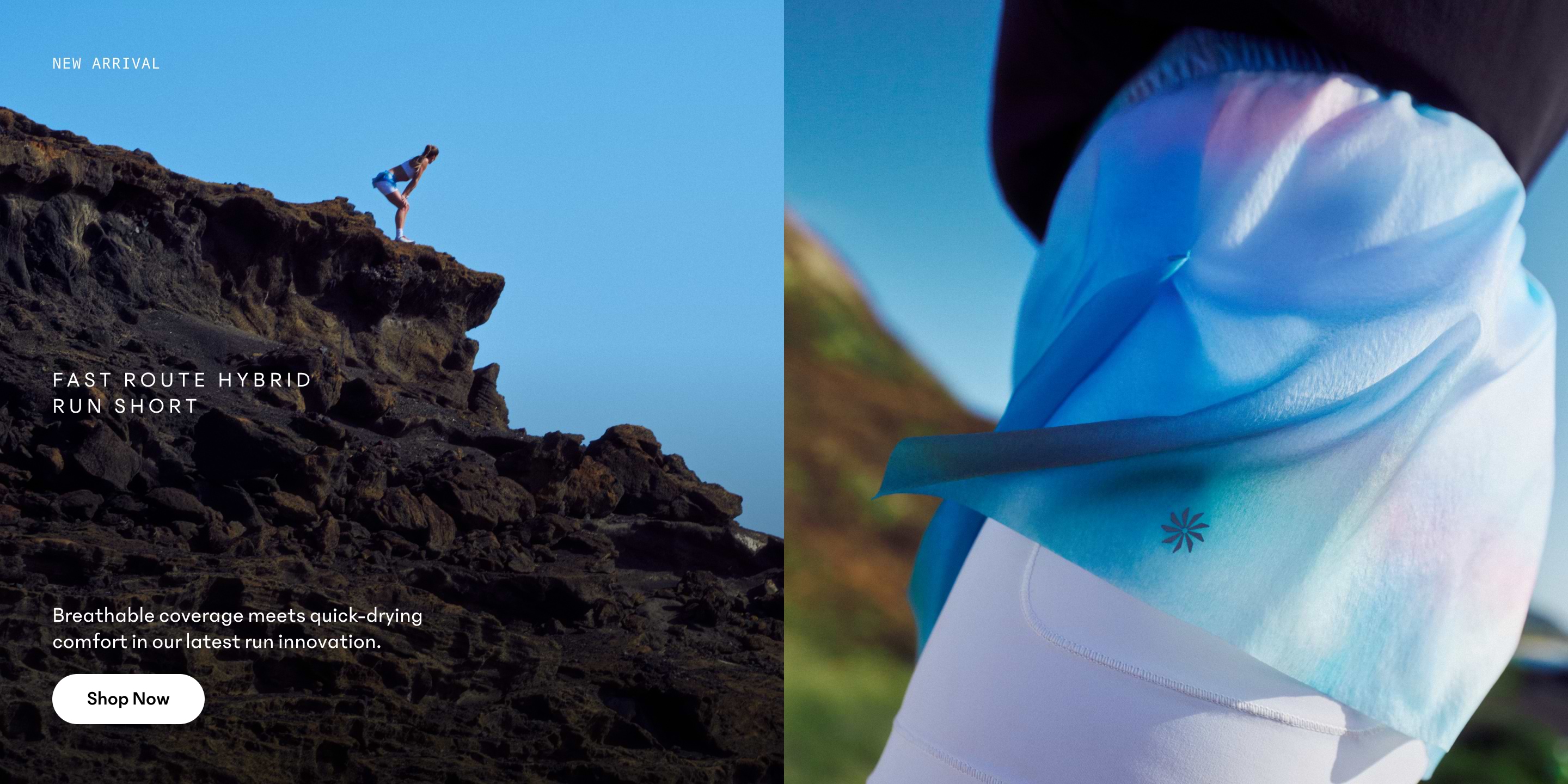 Runner on a rocky cliff under a blue sky, with a close-up of light blue running shorts fabric fluttering.