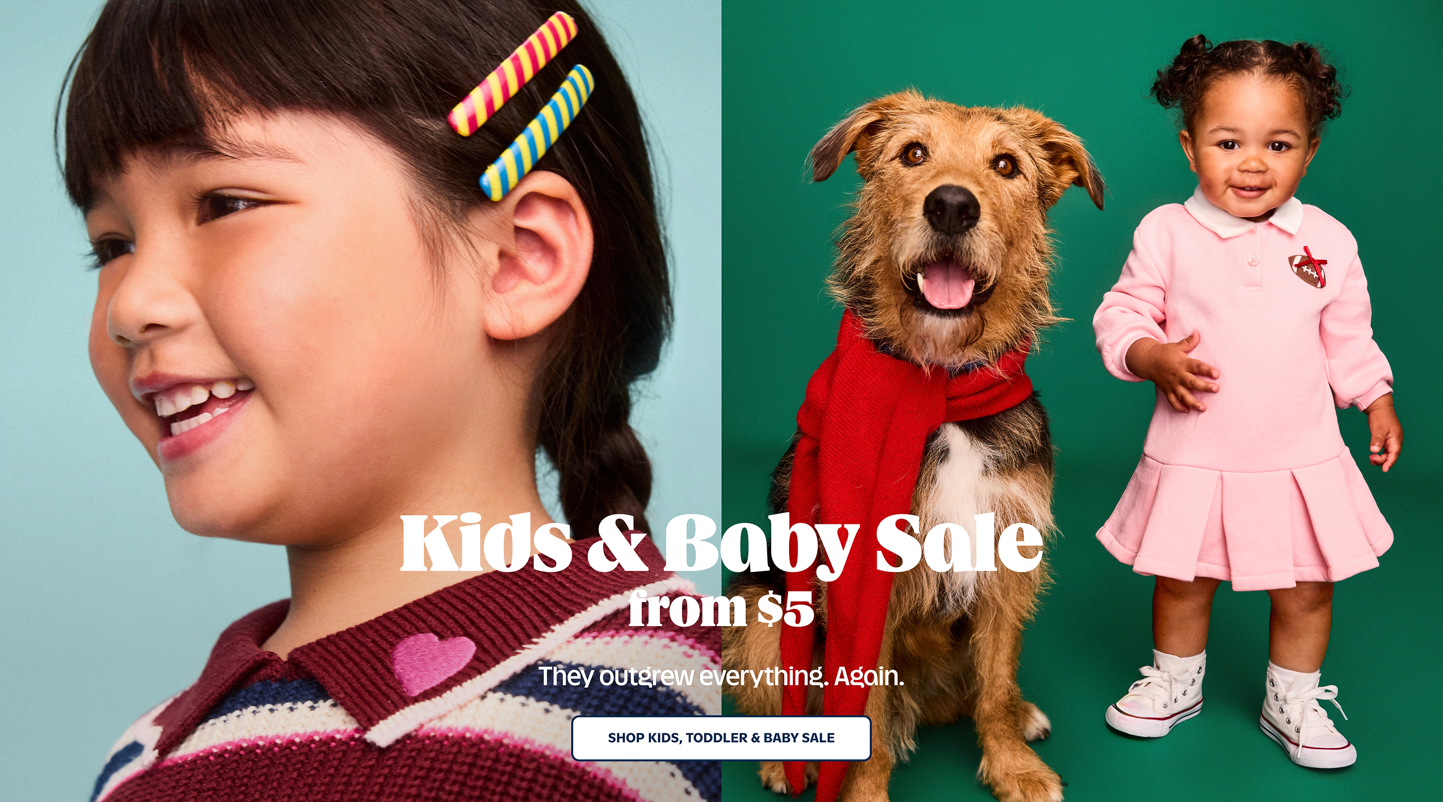 Smiling child with colorful hair clips, a dog in a red scarf, and a toddler in a pink dress; text reads “Kids & Baby Sale from $5.”