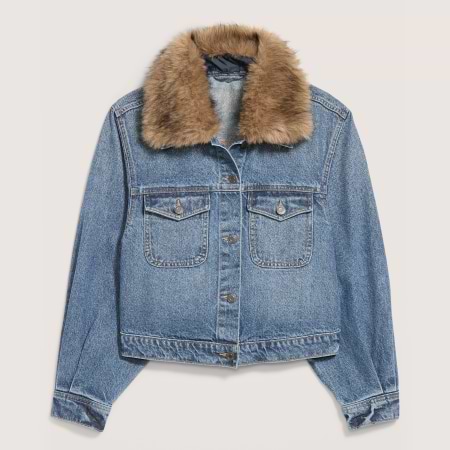 Blue denim jacket with a tan faux-fur collar and chest pockets.