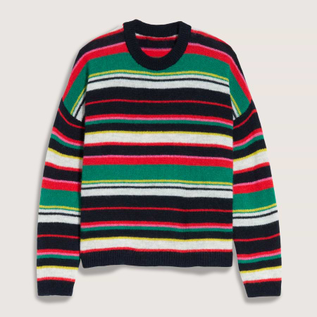 Long-sleeve crewneck sweater with multicolor horizontal stripes (navy, red, green, white, yellow).