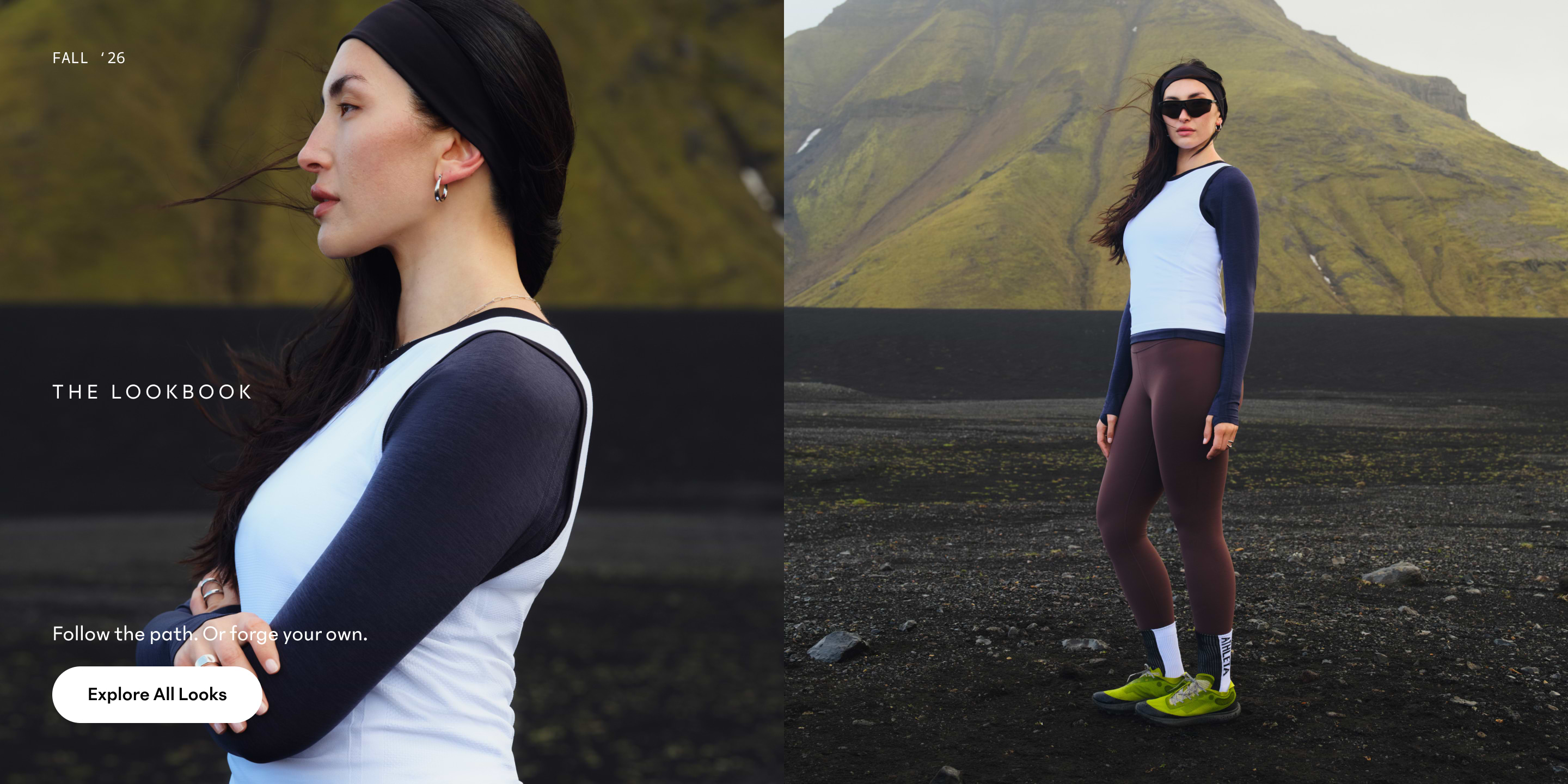 Person in athletic wear stands on a volcanic plain with green mountains, windy hair.