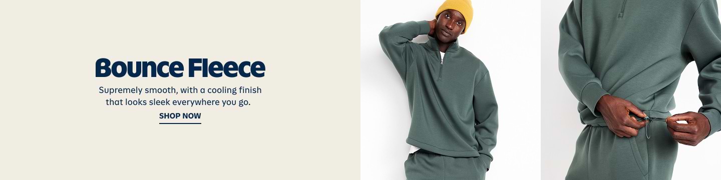 Bounce Fleece ad featuring a sage-green quarter‑zip top and matching joggers; close-up shows tightening the jogger drawcord; text reads “Supremely smooth, with a cooling finish.” and a “Shop Now” button.