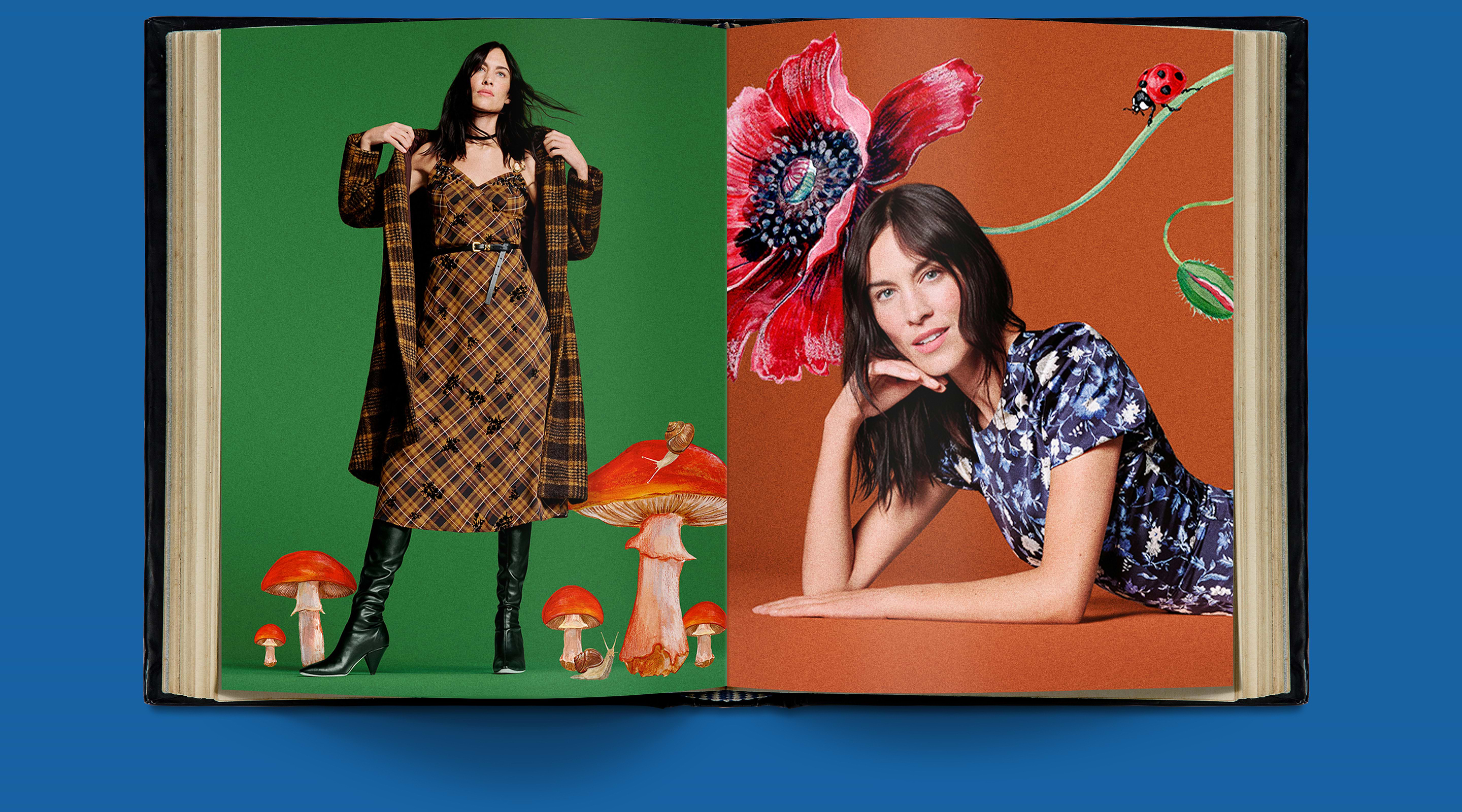 Open book spread: a woman in a plaid dress and boots stands among oversized mushrooms on green; opposite, she reclines in a blue floral dress with illustrated flower and ladybug.