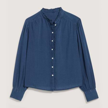 Dark blue chambray blouse with ruffled collar, white buttons, and long sleeves.