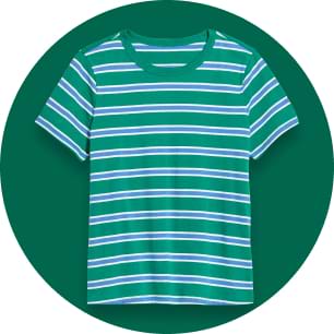 Green short-sleeve crewneck T-shirt with horizontal white and light blue stripes.