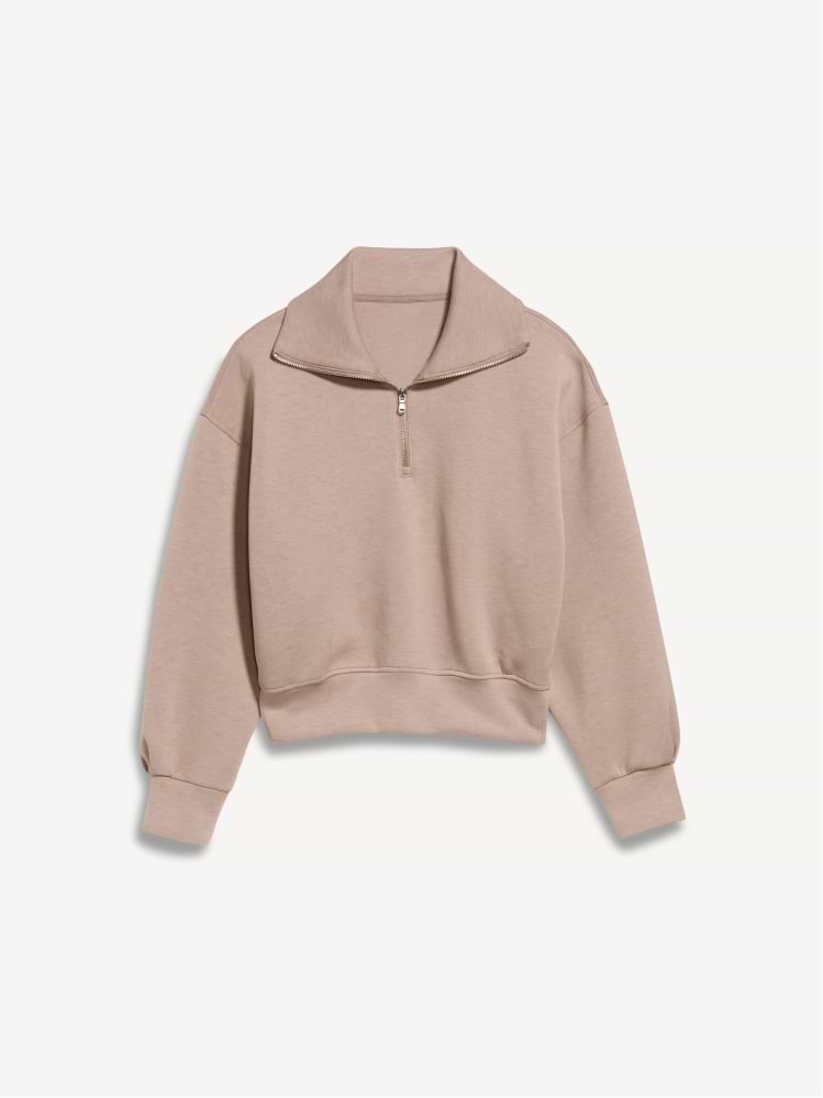 Taupe quarter-zip pullover sweatshirt with wide collar, long sleeves, and ribbed cuffs and hem.
