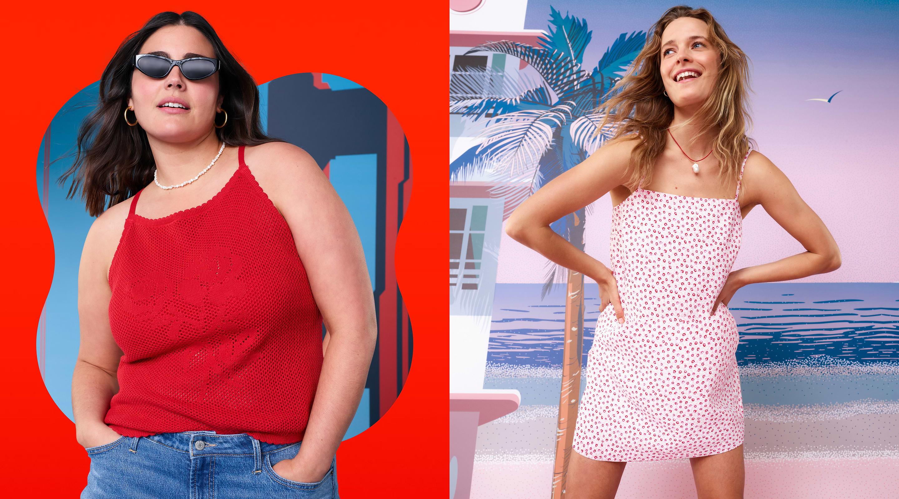 Two female models, one wearing a red tank top and the other wearing a pink  polka dot dress.