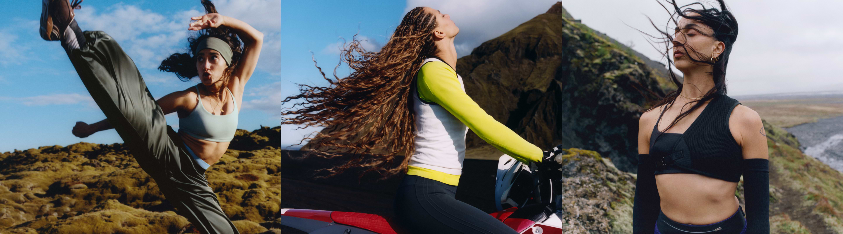 Three women in activewear outdoors: one doing a high kick on mossy ground, one with long braids on a motorcycle by a mountain, and one windblown on a coastal cliff.