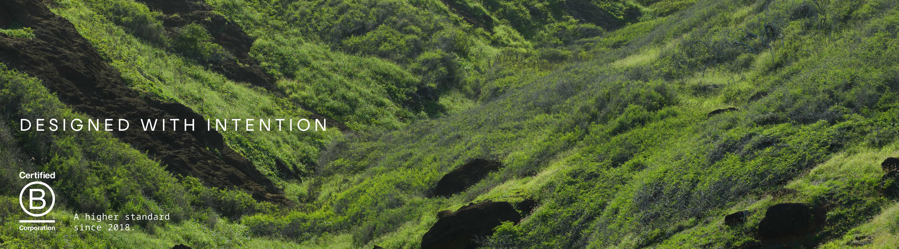 Green hillside with dark rock ridges; overlaid text reads “Designed with Intention” and a Certified B Corporation badge, “A higher standard since 2018.”