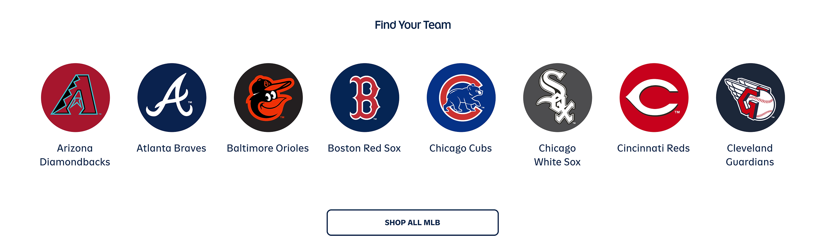Row of MLB logos: Diamondbacks, Braves, Orioles, Red Sox, Cubs, White Sox, Reds, Guardians; button reads “Shop All MLB.”