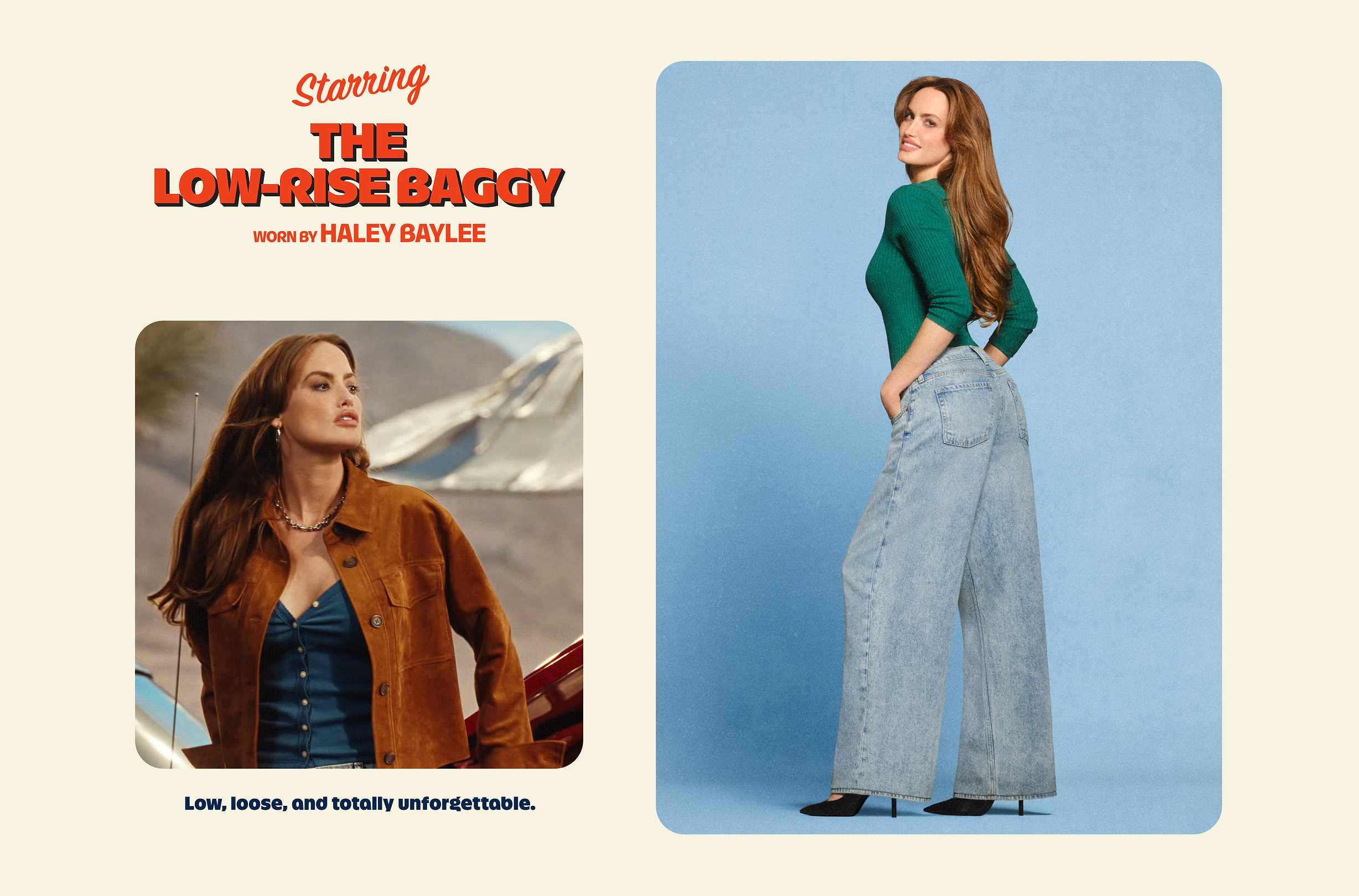 a woman in a brown jacket and jeans is posing for a magazine