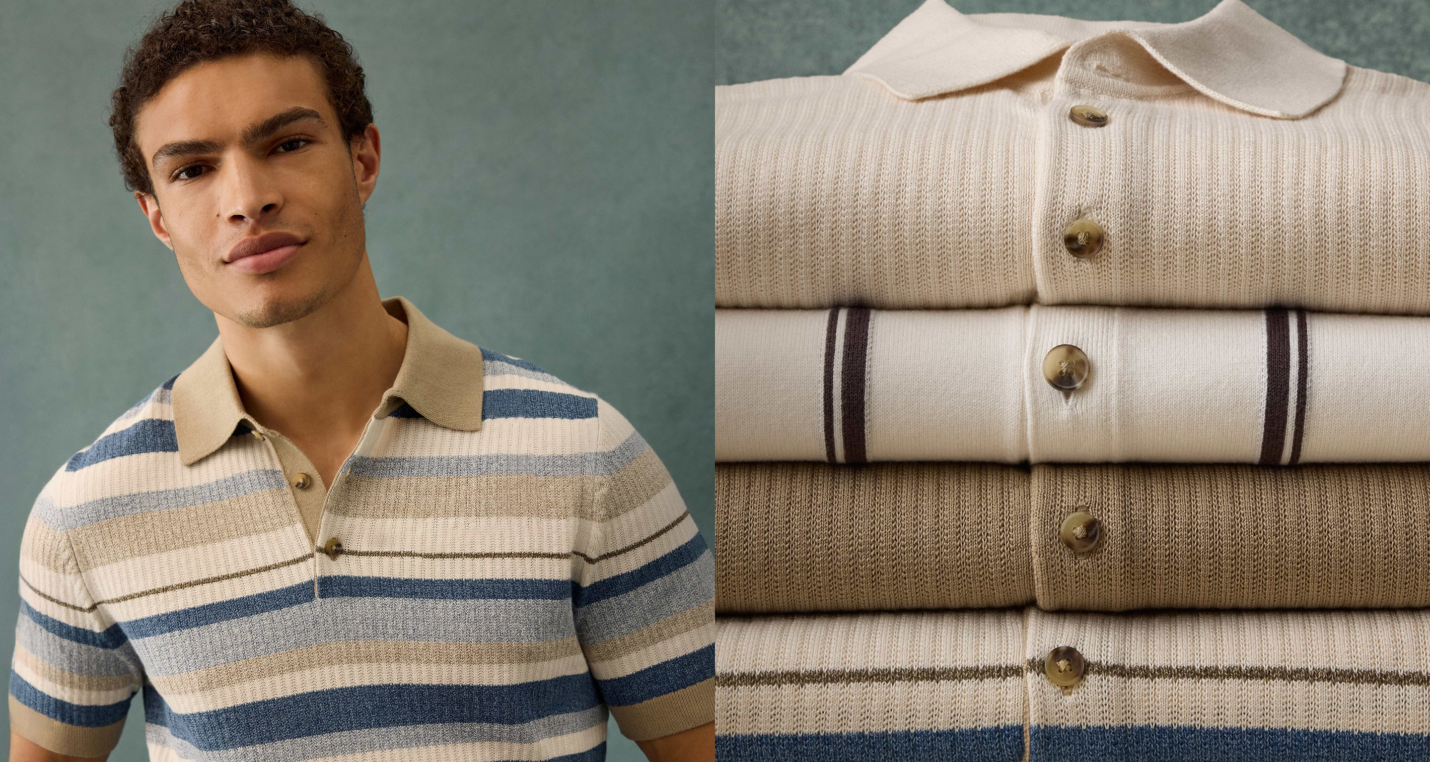 Person in a beige, blue, and cream striped knit polo next to a stack of folded neutral-toned polo shirts with buttons.