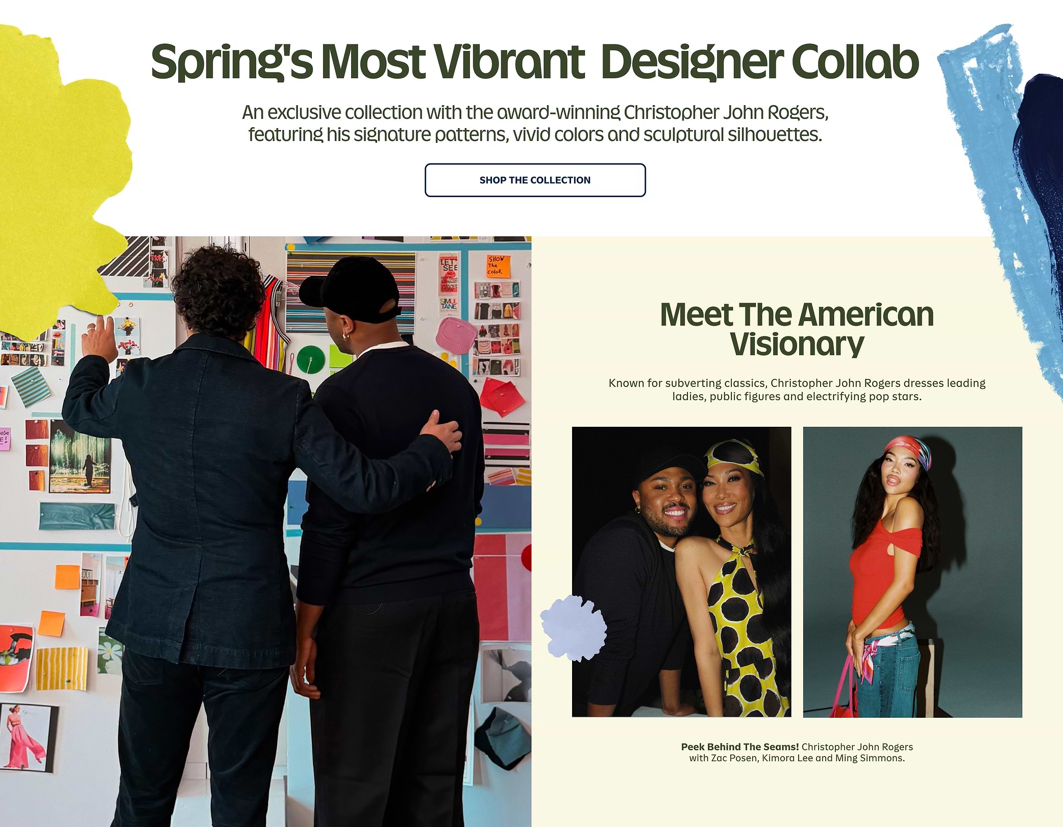 Ad for “Spring’s Most Vibrant Designer Collab” with Christopher John Rogers; two people view a colorful mood board.