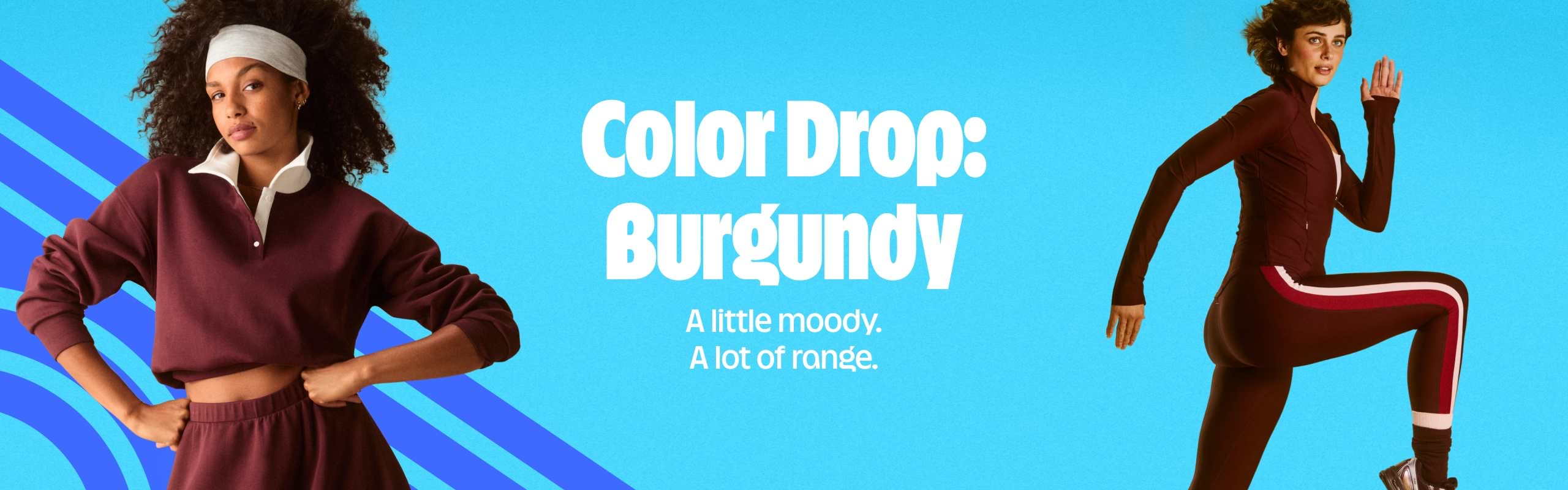 Promo banner: “Color Drop: Burgundy.” Two models in burgundy athleisure—one posing, one mid-run—on a bright blue background.