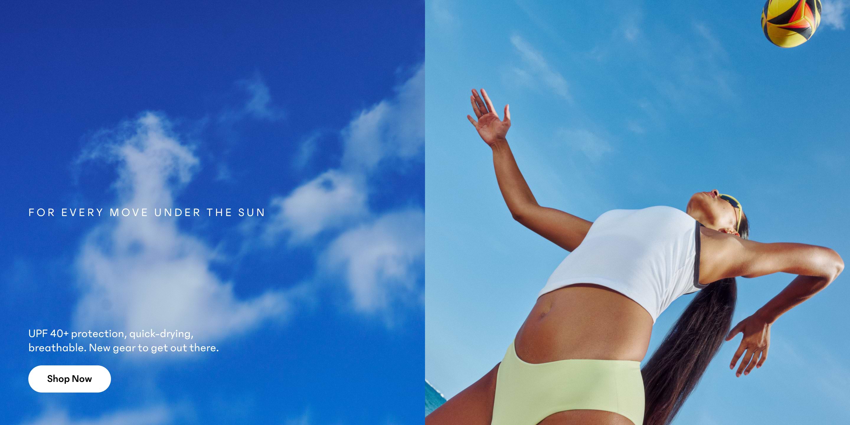 Athlete in sunglasses reaches for a volleyball under a bright blue sky; split image with clouds and promo text on the left.