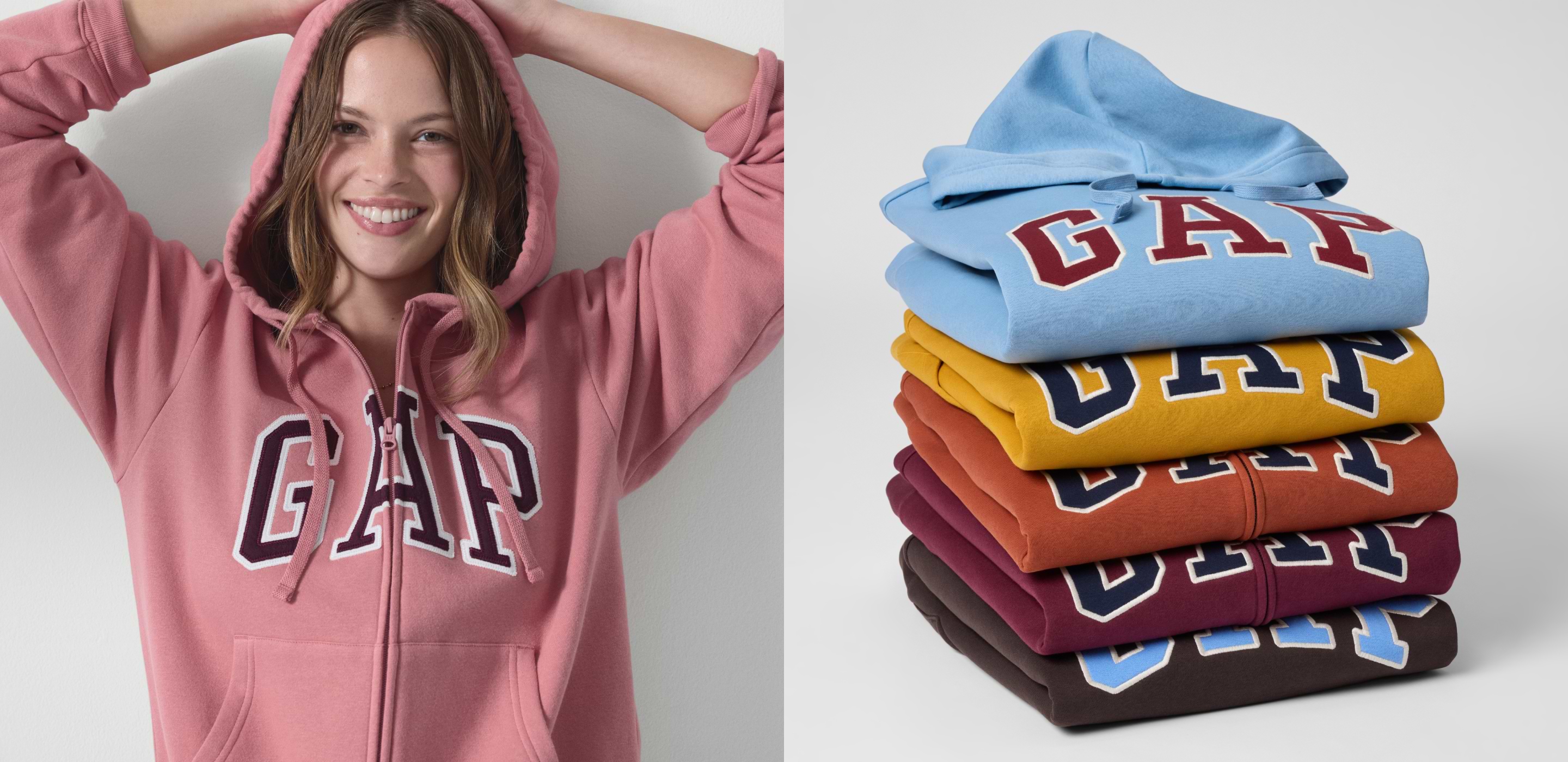 Smiling person in a pink GAP zip hoodie; beside them a stack of folded GAP logo hoodies in light blue, yellow, orange, maroon, and brown.