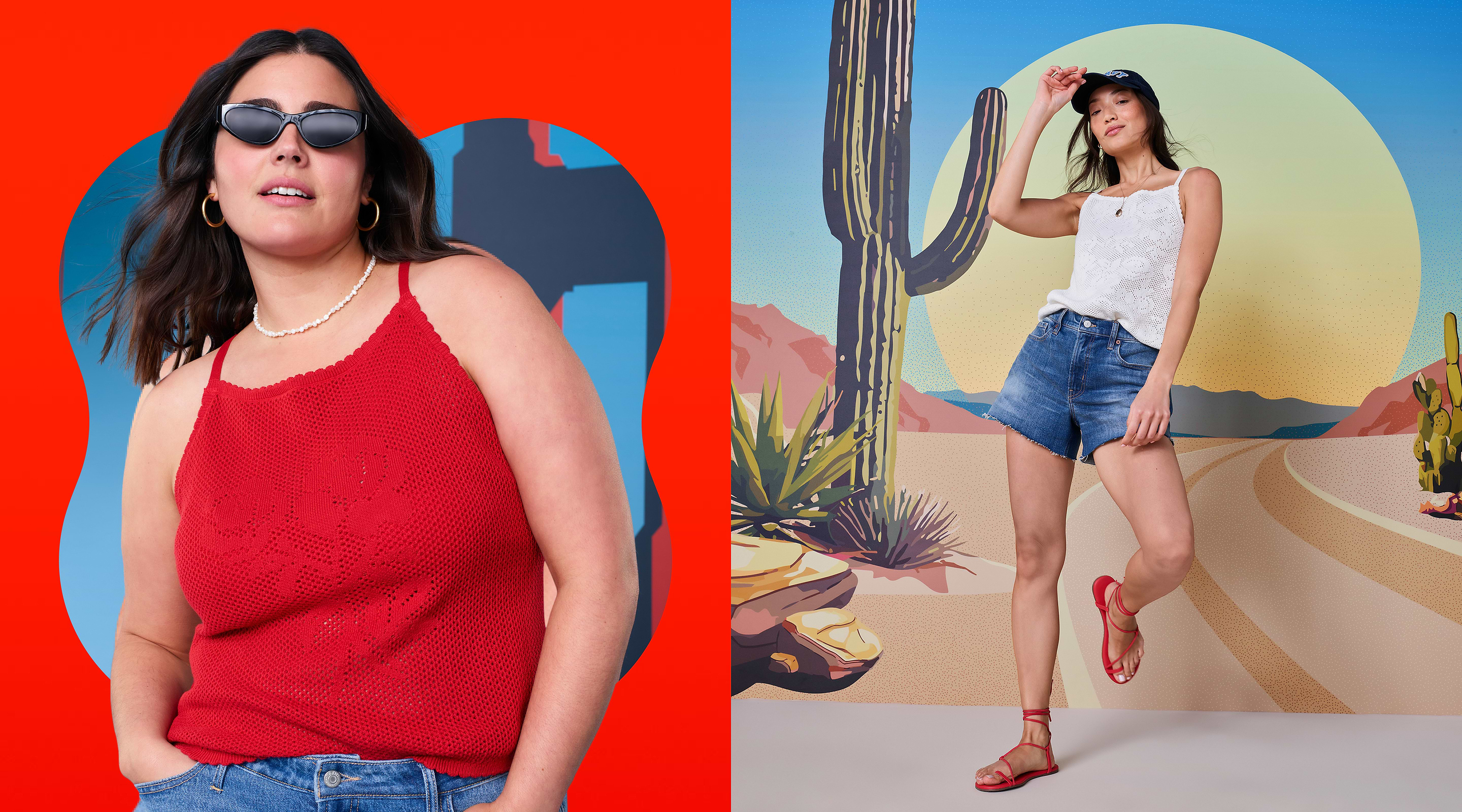 Two female models, one wearing a red tank top and the other wearing a white tank top and denim shorts.