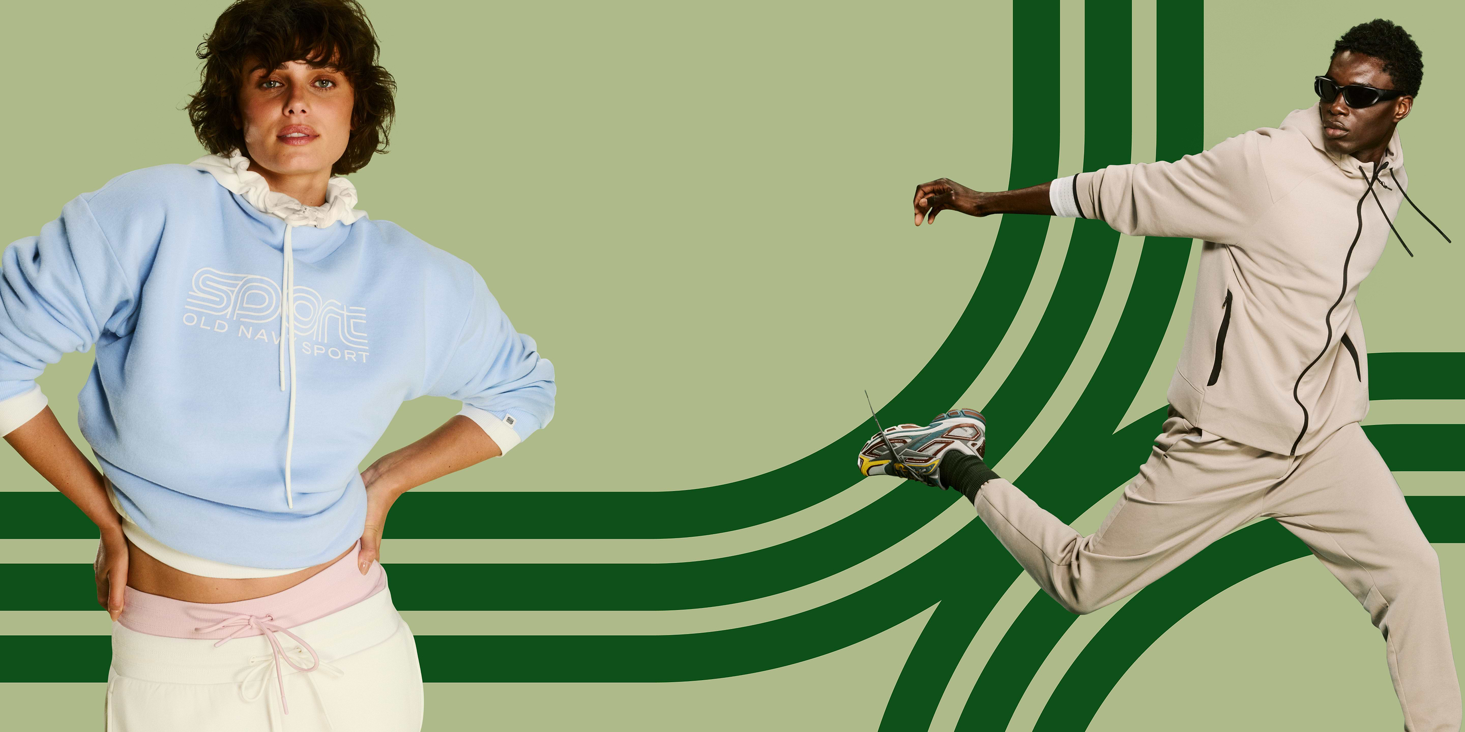 Two models in athletic loungewear—one in a light blue hoodie, the other in a beige tracksuit mid-jump—on a green graphic background.