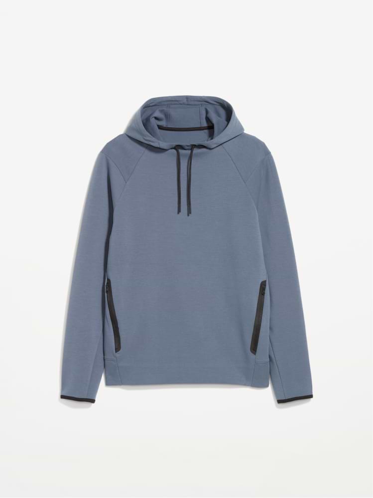 Slate-blue hoodie with black drawstrings and zippered side pockets, shown flat on a white background.