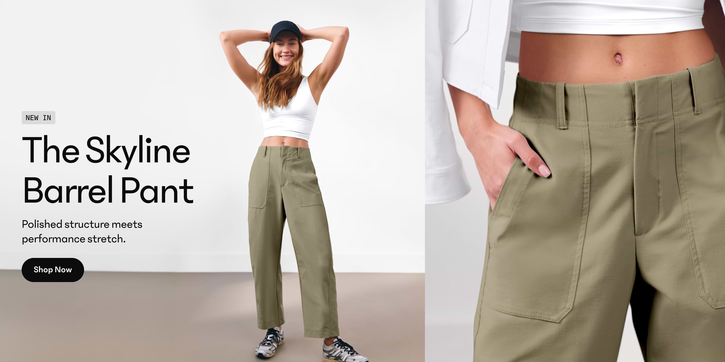 Skyline Barrel Pant in olive color: relaxed, cropped barrel leg with large front patch pockets, styled with a white crop top and sneakers.