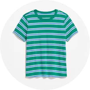 Green crewneck T-shirt with white and blue horizontal stripes.