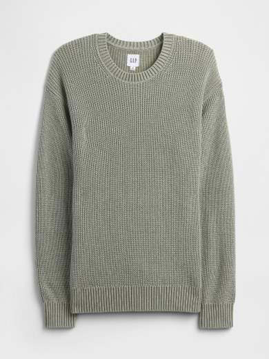 Sage green knit crewneck sweater with long sleeves, ribbed cuffs and hem.