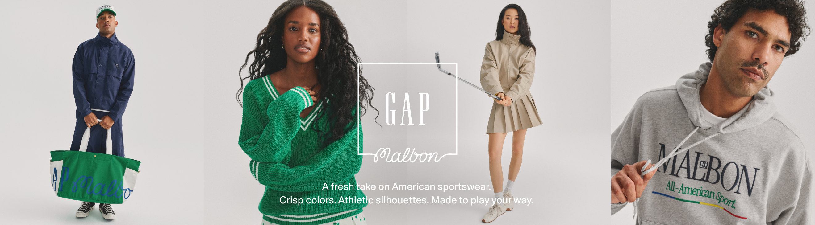 Banner with GAP x Malbon logo; four models in sporty outfits—navy set with green tote, green sweater, beige golf dress with club, and gray logo hoodie.